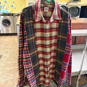 Zara Men's Red and Blue Plaid Button Down Shirt